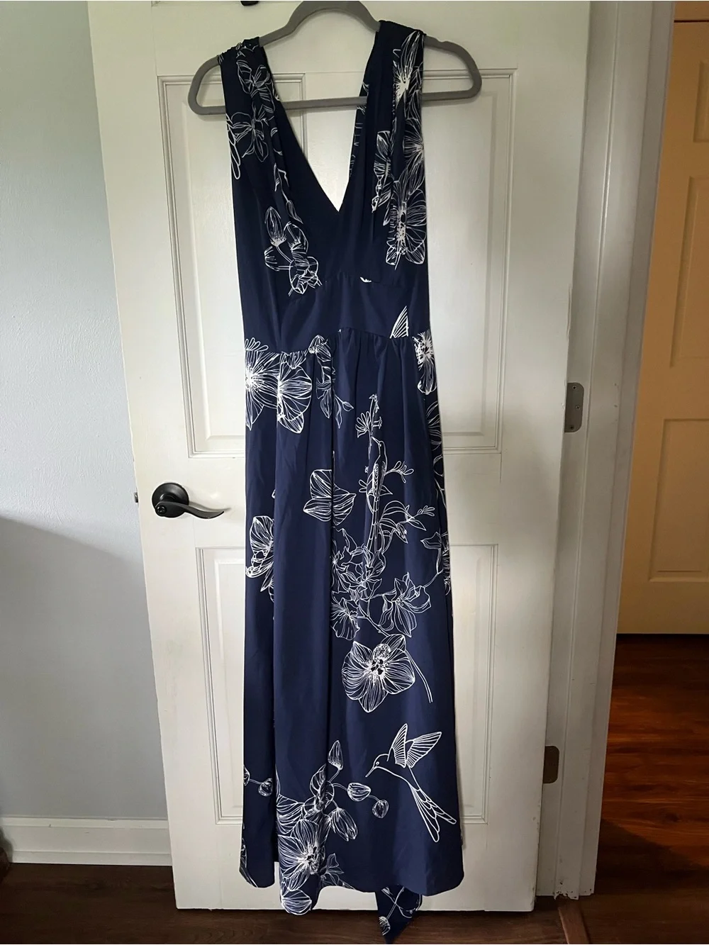 eshakti Navy and White Floral V-Neck Maxi Dress